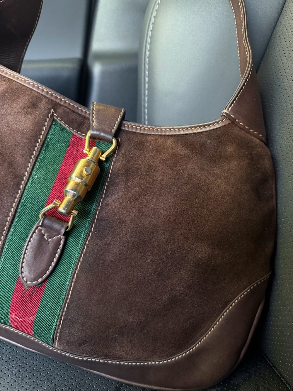 Rare Vintage Gucci Jackie Brown Suede Web Stripe Crossbody Bag - Picture 6 of 16
